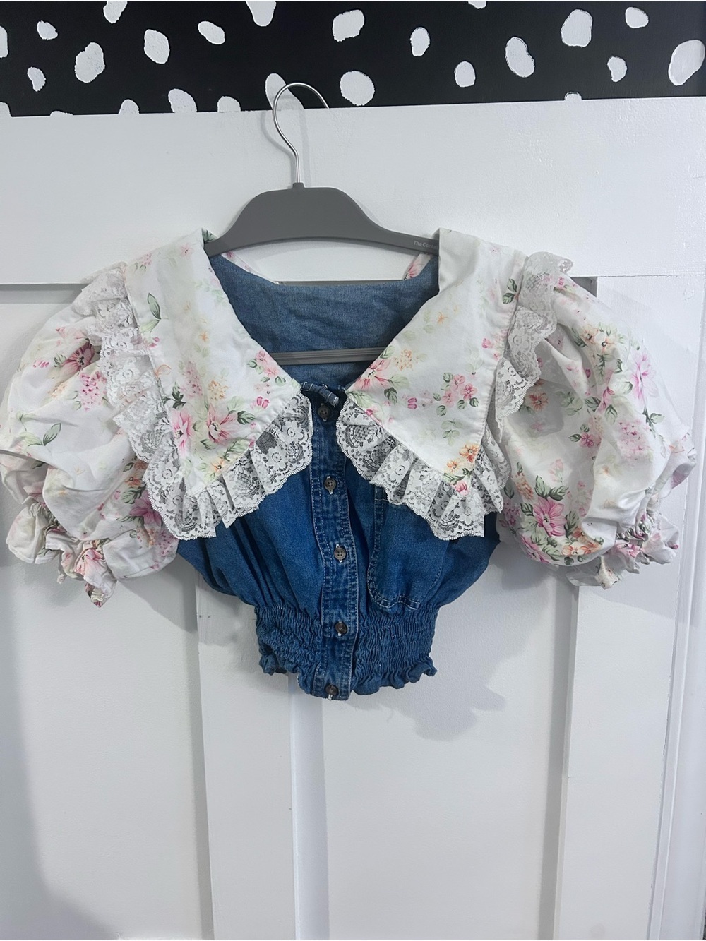 Mickey & Co Denim Floral Puff Sleeve Crop Top Disney Cottagecore Lace Blouse